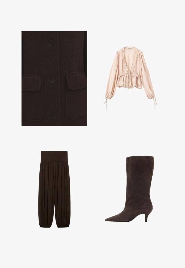 Tamno smeđi vuneni kaput s teksturiranim završetkom, četiri crna dugmeta i dva prednja zakrpa s prošivenim rubovima.; Bluzica boje ružičastog obraza s dugim rukavima, volanastim izrezom, strukom s vezicom i čipkastim detaljima na manžetama i rubu. Lagana, strukturalna tkanina.; Smeđe plisirane hlače s širokim, elastičnim pojasom. Tkanina je lagana i teksturirana, s naboranim rubovima na manžetama.; Smešasti antilop čizme do koljena smeđe boje s oštrim rhinsetom i srednje visokom potpeticom, s glatkom teksturom i elegantnim dizajnom.