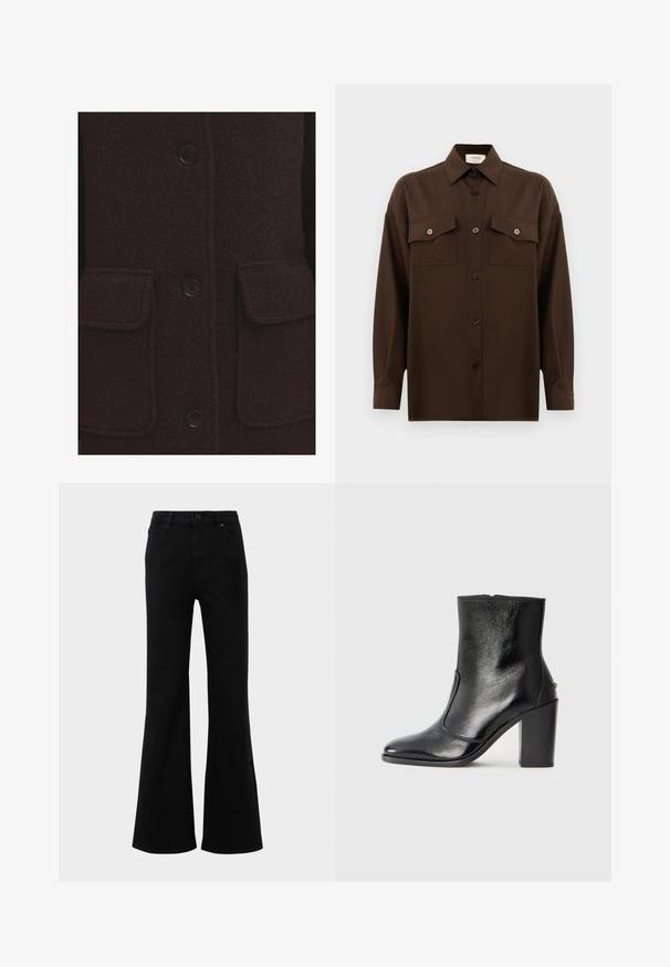 Cappotto di lana marrone scuro con finitura texturizzata, quattro bottoni neri e due tasche applicate anteriori con bordi cuciti.; Camicia marrone scuro a maniche lunghe con bottoni, dotata di due tasche a pattina sul petto e colletto classico, mostrata su uno sfondo bianco uniforme.; Jeans neri a gamba larga con vita alta, realizzati in denim. Presentano tasche strutturate e chiusura a bottone sulla parte frontale. Tessuto liscio.; Stivale alla caviglia in pelle nera, con una superficie liscia, punta affilata e tacco alto e massiccio. Presenta una apertura laterale e un design minimalista.