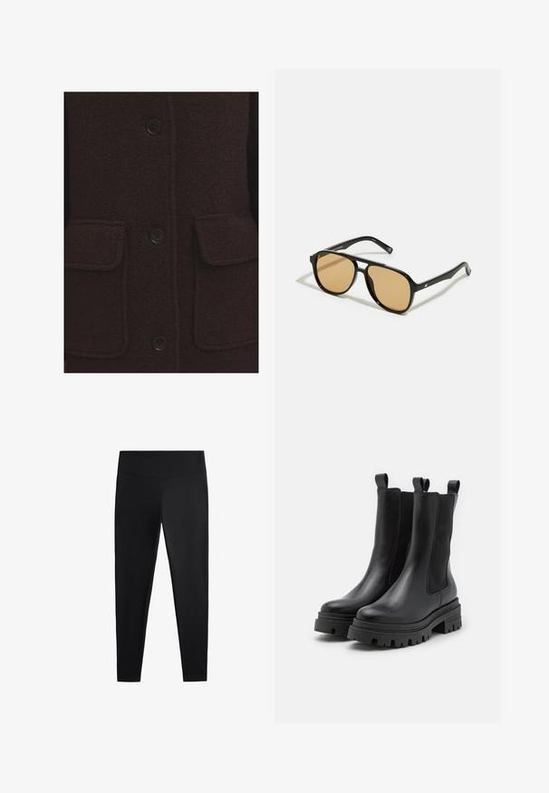 Tmavohnedý vlnený kabát s textúrovaným povrchom, štyrmi čiernymi gombíkmi a dvoma prednými náprsnými vreckami so šitými okrajmi.; Biela bavlnená tričko s krátkymi rukávmi, klasickým výstrihom a rovnými okrajmi. Hladká textúra, minimalistický dizajn bez vzorov alebo akcentov.; Čierne legíny vyrobené z hladkej, elastickej tkaniny. Majú široký pás a zoštíhlený strih nohavíc, vhodné na aktívne alebo príležitostné nosenie.; Čierne kožené členkové topánky s elastickými bočnými panelmi a ťahacími pútkami. Hrubé gumové podrážky s hlbokými dezénmi pre zvýšenú trakciu.; Čierne slnečné okuliare s hnedými farebnými šošovkami; obdĺžnikový tvar s hrubým rámom, vrátane jemných kovových akcentov na stranách.