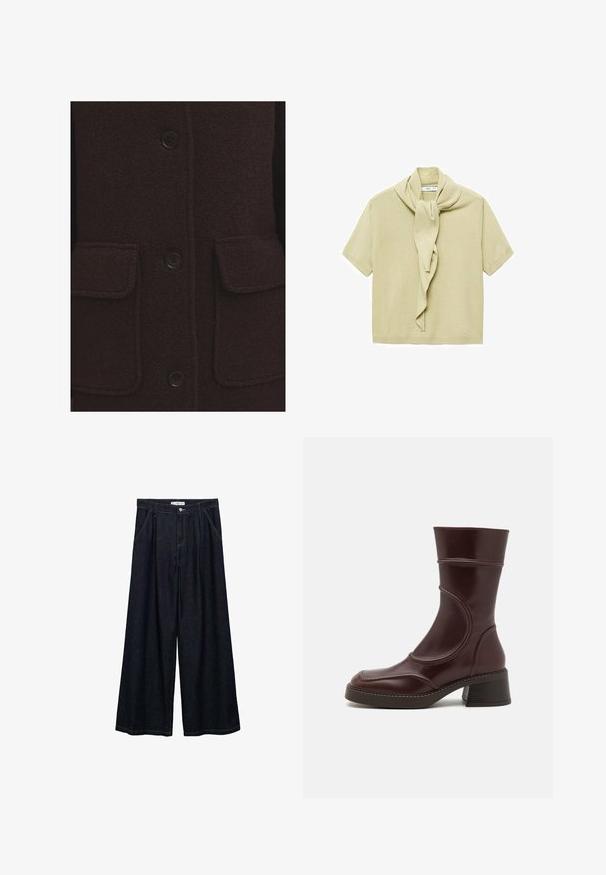 Cappotto di lana marrone scuro con finitura texturizzata, quattro bottoni neri e due tasche applicate anteriori con bordi cuciti.; Maglietta a maniche corte in maglia beige chiaro con dettaglio di sciarpa attaccato che si adagia attorno al collo.; Pantaloni larghi in denim scuro con vita alta, dotati di chiusura frontale con bottone, due tasche laterali e dettagli di cucitura.; MIISTA MALENE - Stivaletti - brown