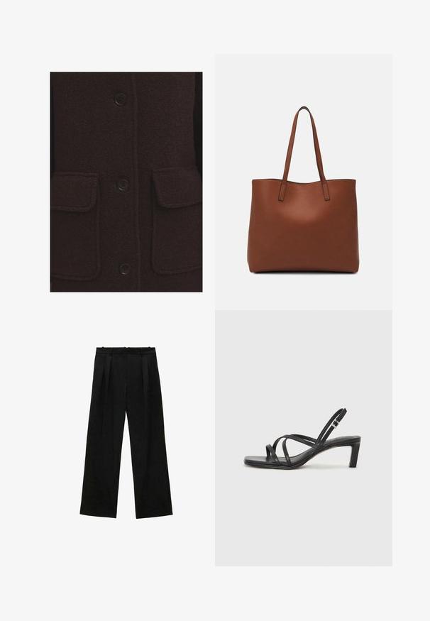 Tamno smeđi vuneni kaput s teksturiranim završetkom, četiri crna dugmeta i dva prednja zakrpa s prošivenim rubovima.; Crni top bez rukava od pamuka, s okruglim izrezom i širokim izrezima za ruke. Glatka tekstura s ušivenim rubovima. Klasičan, minimalistički dizajn.; Crne široke hlače s plisama, s glatkom teksturom i visokim strukom. Minimalistički stil, bez vidljivih metalnih dijelova ili ukrasa.; Crne sandale s trakama, kvadratnim prstom i niskom blok petom. Ima više tankih trakica i podesivu trakicu oko gležnja. Izrađene su od glatke kože.; Smeđa kožna torba preko ramena s glatkom teksturom, otvorenim vrhom i dvjema naramenicama. Ima minimalne šavove i nema vidljivog hardvera.