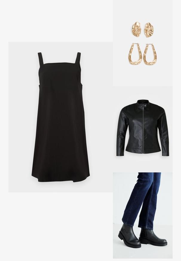 Juodas odinis švarkas su apvaliu apykakle, priekyje užtrauktukas ir dvi šoninės kišenės. Lygi tekstūra su lengvu blizgesiu ir prigludusi forma.; Juoda be rankovių suknelė su kvadratiniu iškirpimu, pagaminta iš lygaus audinio, turinti laisvą kirpimą ir tiesų siluetą. Be matomų raštų ar aksesuarų.; Juoda odinė kulkšninių botų su storu padu ir šoninėmis elastinėmis detalėmis, derinama su tamsiai mėlynomis džinsais. Žemė šviesios spalvos.; Juodas odinis krepšys su išlenkta forma, nuimamu dirželiu ir auksiniais detalėmis. Krepšys turi kilpą su sagtimi.; Auksinės auskarai, turintys tekstūruotus, bangų formos elementus. Įeina skulptūriniai segami auskarai ir atviri lankai su išmuštu paviršiumi.