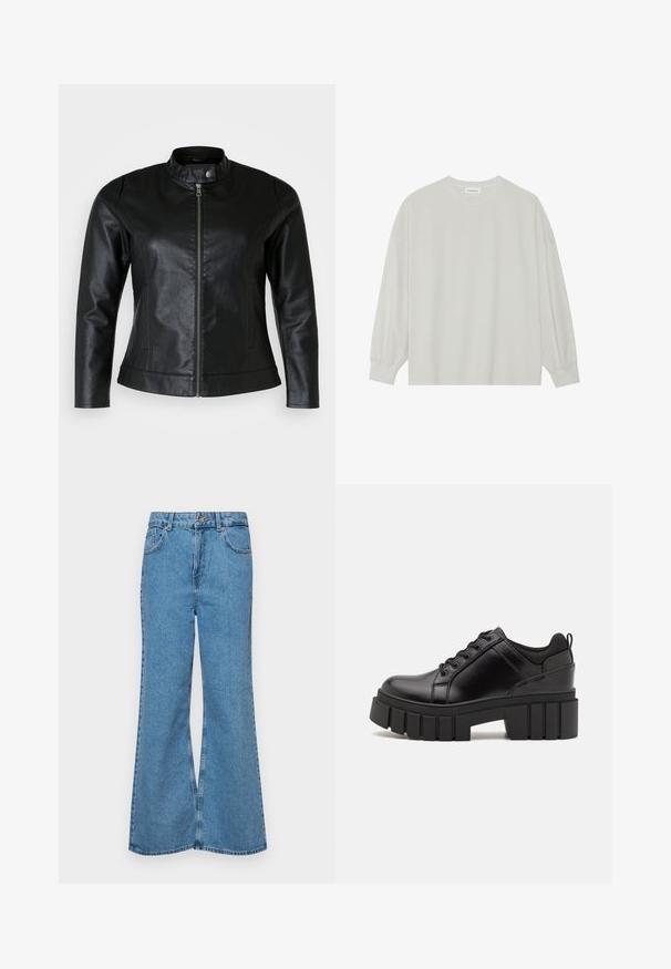 Fekete bőrkabát kerek gallérral, elülső cipzáras záródással és két oldalsó zsebbel. Simább textúra enyhe fényességgel és testhezálló kialakítással.; Világosszürke, hosszú ujjú póló, puha pamutból készült. Szabad, laza szabású, kerek nyakkivágással és finoman ráncolt mandzsettával rendelkezik. Nincs rajta minta vagy grafikák.; Világoskék, trapézszárú farmernadrág, magas derékkal, öt zsebbel és egy gombos záródással. Puha tapintású, magasított effektusú anyag.; Fekete bőr platform cipők vaskos blokk sarkakkal, kerek orral és hagyományos fűzős kialakítással. Simára csiszolt felület és minimális részletezés jellemzi.