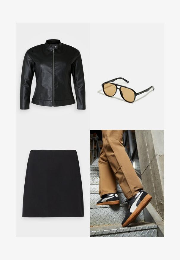 Črna usnjena jakna s okroglim ovratnikom, sprednjim zadrgo in dvema stranskima žepoma. Gladek material z rahlim sijajem in prileganjem.; Črna dolgimasna majica iz rebraste tkanine. Ima okroglo ovratnico in prilegajoč dizajn brez vidnih vzorcev ali poudarkov.; Črna mini krilca, ravnega kroja, gladka tekstura tkanine, brez vidnih vzorcev ali okrasitev, čiste robove, brez dodatkov. Enostaven dizajn.; Črne in sivo semiš superge z belimi detajli in gumijastimi podplati, obute na svetlo rjave hlače med vzpenjanjem po kovinskih stopnicah.; Črne sončne očala z rjavim odtenkom leč; pravokotna oblika s širokim okvirjem, vključno z diskretno kovinsko dekoracijo na obeh strani.; Rjava pletena torbica za večerjo z teksturiranim zaključkom, z zlato obarvanimi dodatki in dekorativnimi žebljički ob robovih. Ima verižni trak.