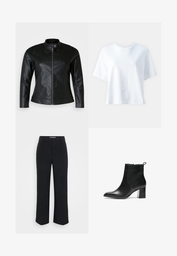 Mustmust nahkjakker, millel on ümar krae, ees lukuga kinnitamine ja kaks küljetaskut. Sile tekstuur kerge säraga ja keha lähedane disain.; Valge puuvillane T-särk ümmarguse kaelusega, lühikeste varrukatega, lõdva lõikega ja sileda tekstuuriga. Mustrid või aktsendid ei ole nähtavad.; Mustad laiad püksid siledast kangast, millel on lame vöökoht ja küljetaskud, kujundatud minimalistikku esteetikat silmas pidades.; Mustmust musta kingad ümarate varvastega, keskmise kõrgusega blokk-kontsa ja tagaküljel tõmbetoru. Sile tekstuur, minimaalne disain.