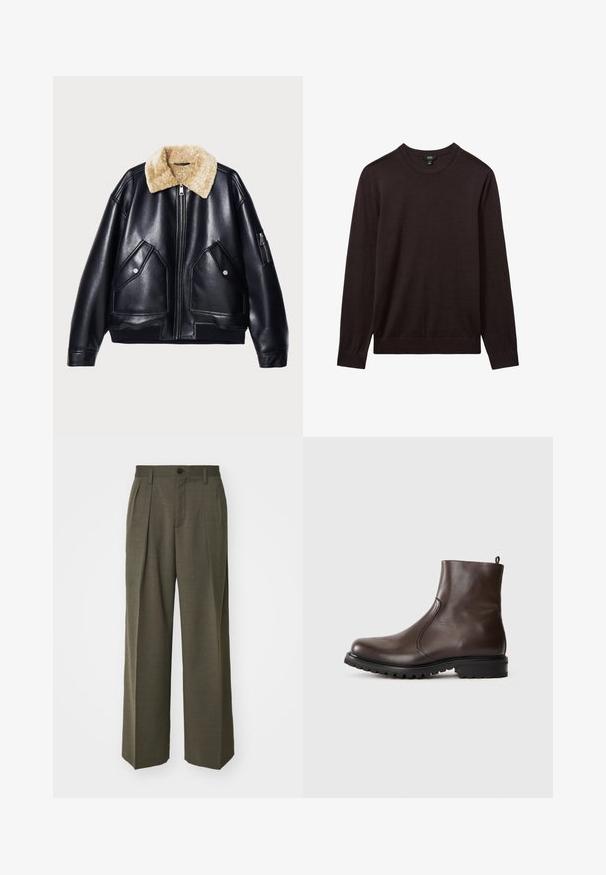 Must värviline nahktagi, millel on karvane kaelus, kaks eesmist taskut, tõmblukuga tasku varrukal ning soonikkoes alläär ja mansetid.; Reiss Džemper - dark bordeaux; Filippa K WIDE TROUSERS - Püksid - driftwood; Pruun nahkane sääreking, millel on sile tekstuur, elastsed külgpaneelid, tõmbetabin taga ja robustne kummitald.