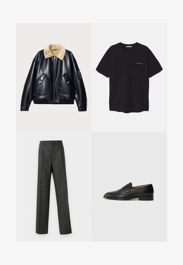 Veste en cuir noir avec col en fourrure, dotée de deux poches à l'avant, d'une poche zippée sur la manche et de bords côtelés au bas et aux manches.; T-shirt en coton noir avec un col rond, des manches courtes et un logo blanc imprimé sur la poitrine gauche. Design simple, couleur unie.; Pantalon gris ajusté en tissu texturé, doté de deux plis sur le devant et d'une coupe droite. Pas de poches visibles ni de décorations.; Mocassin en cuir noir avec un bout arrondi, des coutures subtiles et un talon bas, présentant une texture lisse et un design minimaliste.