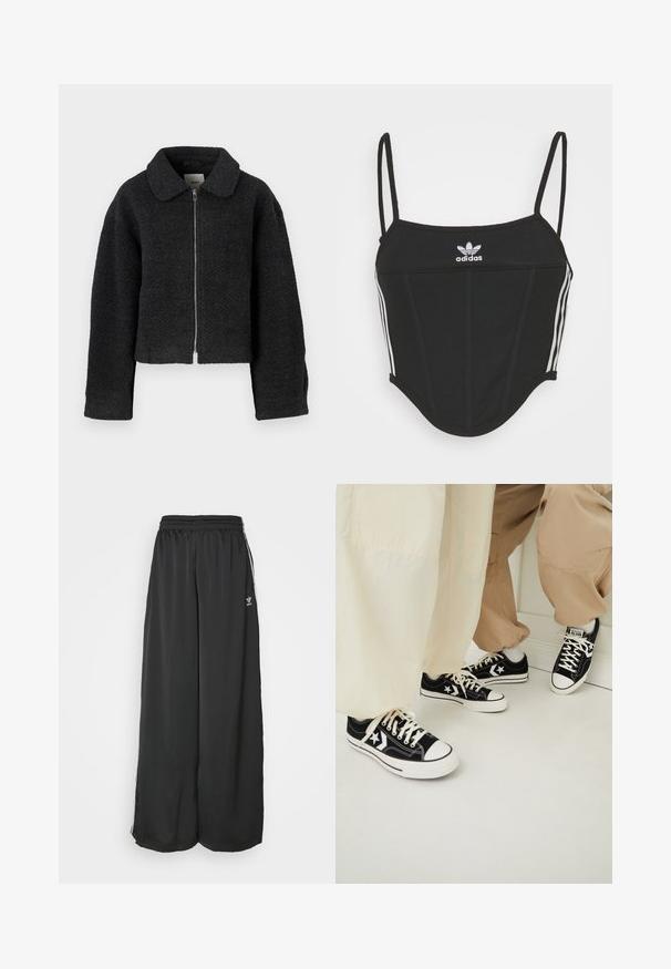 Schwarze, taillierte Jacke aus strukturiertem, gewebtem Stoff. Verfügt über einen Kragen und einen Reißverschluss vorne. Lange Ärmel mit einer lockeren Passform.; Schwarzes, geripptes Crop Top mit verstellbaren dünnen Trägern, das drei weiße Streifen an den Seiten und ein kleines weißes Adidas-Logo in der Mitte aufweist.; Schwarze, locker sitzende Jogginghosen aus glattem Material. Mit elastischem Bund und seitlichen Streifen mit Logo-Akzenten.; Schwarze Segeltuch-Sneaker mit weißen Gummisohlen, verziert mit weißen Sternakzenten und schwarzen Schnürsenkeln, kombiniert mit hellbeigen und cremefarbenen Hosen.