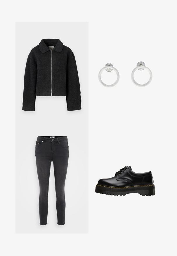 Chaqueta negra corta hecha de un tejido texturizado y tejido. Presenta un cuello y un cierre frontal con cremallera. Mangas largas con un corte relajado.; Tres tops cortos de manga larga apilados, en colores blanco, beige y verde azulado apagado, con cuellos redondos sobre un fondo gris claro.; Jeans ajustados negros de denim. Presentan un cierre frontal con botón y un bolsillo con cremallera en la cintura. Textura suave con un desvanecimiento mínimo.; Zapato negro de cuero con cordones, con una suela de goma negra gruesa y serrada, y costuras amarillas a lo largo del borde, presentando un acabado suave.; Pendientes de aro de metal plateado con una textura cepillada, que presentan un diseño circular y un respaldo transparente para un uso seguro.