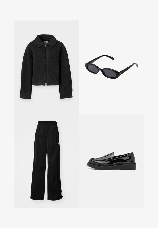 Giacca nera a vita corta realizzata in tessuto testurizzato e intrecciato. Presenta un colletto e una chiusura lampo frontale. Maniche lunghe con vestibilità comoda.; T-shirt cropped bianco a maniche lunghe, realizzato in tessuto morbido, presenta un collo rotondo e una vestibilità rilassata con maniche a giro. Design semplice e pulito.; Pantaloni da tuta neri a gamba larga con vita elasticizzata, caratterizzati da strisce laterali bianche e un piccolo logo sull'anca sinistra. Tessuto liscio.; Mocassini neri in pelle verniciata con punta arrotondata, una cintura decorativa e una spessa suola in gomma nera. Texture liscia e lucida con cuciture minime.; Occhiali da sole neri oversize con lenti ovali, montatura in plastica liscia e accenti dorati sulle tempie. Le lenti scure offrono protezione dal sole.