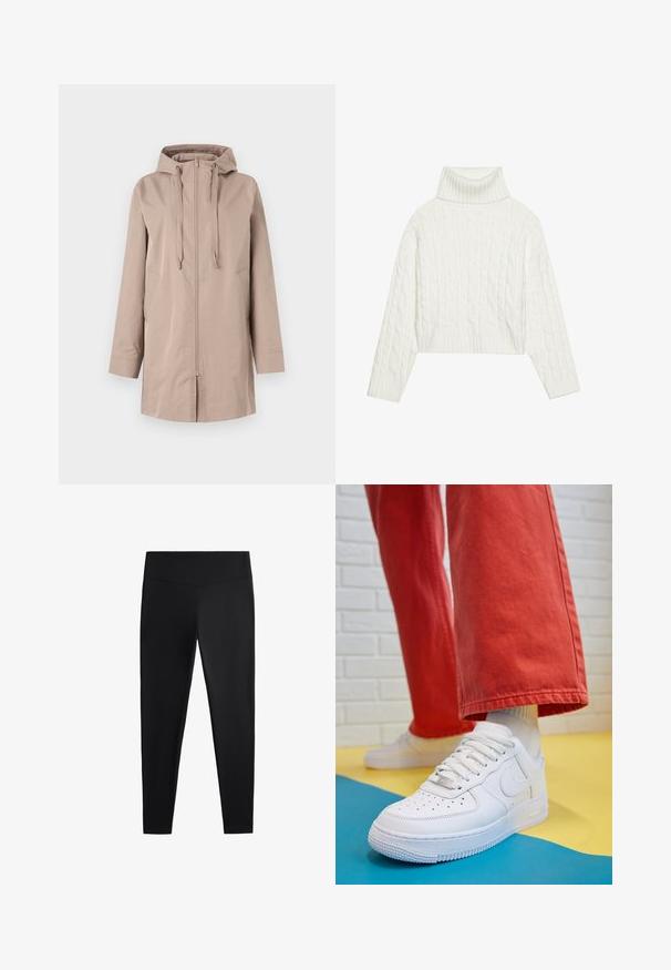Ljusbeige lätt regnjacka med dragkedja, justerbar snörning i huvan, två sidofickor och långa ärmar. Slätt, icke-texturerat tyg.; Vit kabelstickad turtleneck-tröja med en kortad siluett, som har ribbade muddar och nederkant. Mjuk textur med en mysig, tjock design.; Svarta leggings av ett slätt, stretchigt tyg. Har en bred midja och design med avsmalnande ben, lämpliga för aktiv eller avslappnad användning.; Vita lädersneakers med perforerat tåparti, texturerad sula och vita snören, kombinerat med vida röda byxor och en blå och gul bakgrund.