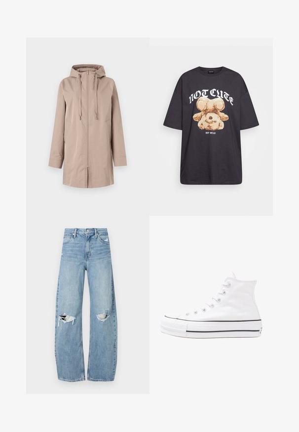 Capa de chuva leve bege com fecho frontal, capuz ajustável com cordão, dois bolsos laterais e mangas longas. Tecido suave, não texturizado.; T-shirt oversized preto com uma gráfica de um urso e o texto "NÃO FOFO, MAS SELVAGEM" em letras brancas e em negrito. Material em algodão.; Jeans de lavagem clara, de cintura alta, feitos de denim. Apresentam pernas largas, duas áreas rasgadas nos joelhos e o estilo clássico de cinco bolsos.; Sapatilha alta de tela branca com sola de borracha preta, bico de borracha na frente e seis ilhós para os atacadores, apresentando um design limpo e minimalista.