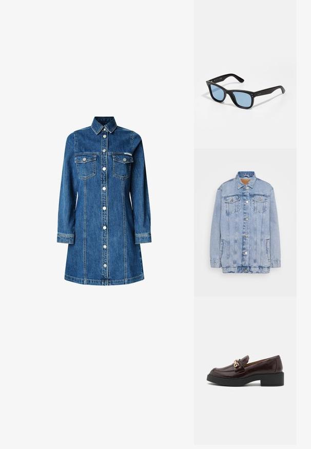 Chaqueta de denim azul claro con cierre de botones en la parte delantera, dos bolsillos en el pecho y un desgaste sutil. Presenta un cuello clásico y un ajuste relajado.; Vestido camisero de denim, de mangas largas, con botones en el frente, dos bolsillos en el pecho, cuello clásico, color azul medio y detalles de costura claros.; Mocasín de cuero marrón con una hebilla de acento dorado, tacón negro de bloque y una textura suave. La vista lateral muestra la punta redondeada y el detalle de costura.; Gafas de sol de plástico negro con lentes tintados en azul, forma cuadrada, brazos sólidos y dos acentos metálicos en la parte frontal cerca de las lentes.; Bolso de cuero marrón con un exterior suave y texturizado similar a la piel de un animal, diseño delgado, un asa corta y una correa desmontable.