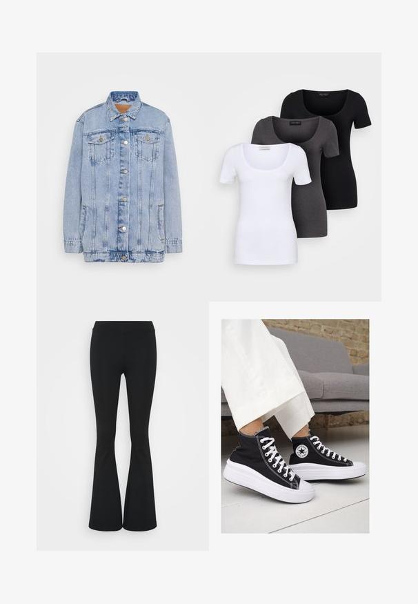 Light blue denim jacket with a button-up front, two chest pockets, and subtle fading. Features a classic collar and a relaxed fit.; Three fitted T-shirts in white, gray, and black. Each features a wide scoop neckline and short sleeves. Made from smooth, stretchy fabric.; Black flared pants made of stretchy fabric, featuring a high waistband and a smooth texture. The pants flare out from the knee.; Black canvas high-top sneakers with white rubber soles and laces. Features a circular logo on the side and contrasting white stitching.