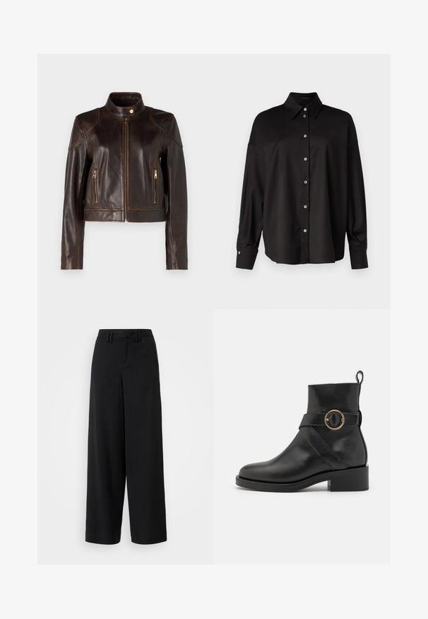 Brown leather jacket with a cropped design, high collar, gold hardware, and two zippered pockets on the front. Smooth texture, minimal stitching.; DRYKORN LYSILA - Button-down blouse - black; Black wide-leg trousers made of smooth fabric, featuring a flat-front design, pleated details, and belt loops at the waistband.; BOSS IRYNA BOOTIE - Platform ankle boots - black