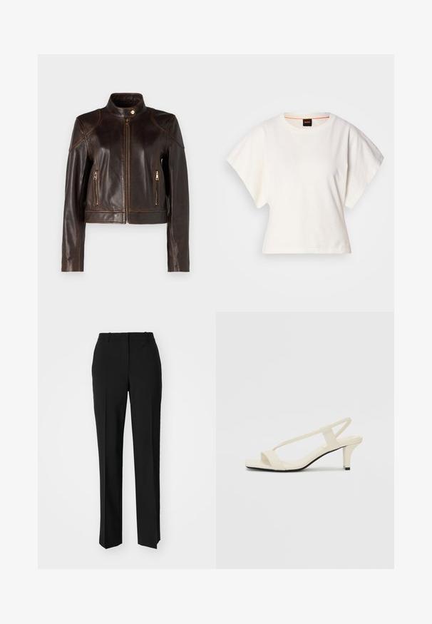 Brown leather jacket with a cropped design, high collar, gold hardware, and two zippered pockets on the front. Smooth texture, minimal stitching.; White cropped T-shirt, short wide sleeves, soft cotton material, round neckline with subtle orange trim, minimal design, no patterns or graphics.; Black tailored trousers with a straight-leg design, featuring a smooth texture and crisp creases along the front. No visible hardware.; Beige block-heeled sandals with thin straps and a square toe. Smooth material with minimal detailing, designed for easy wear.