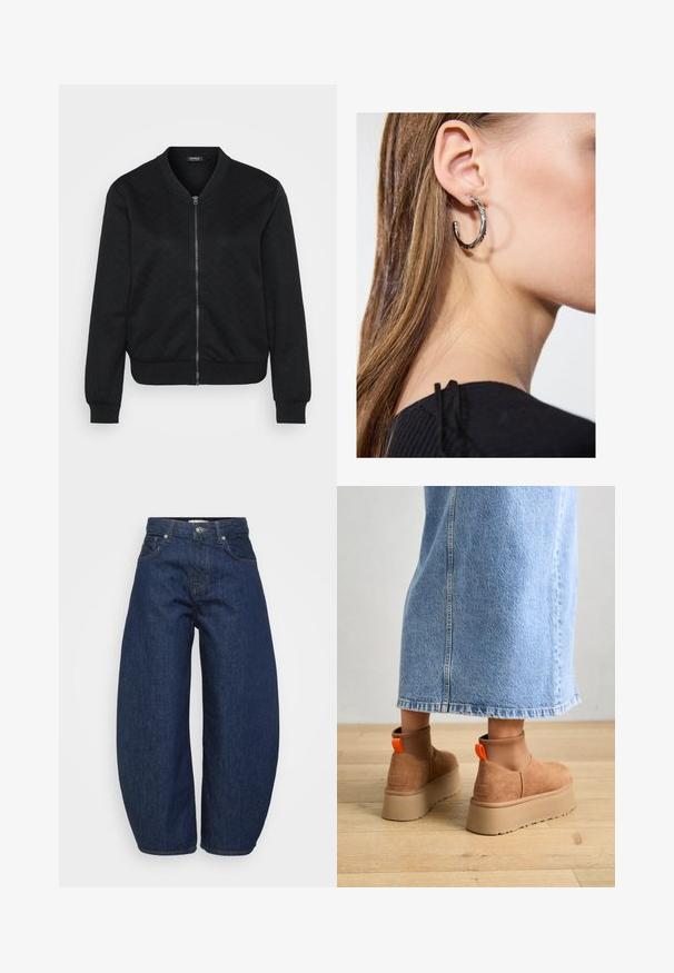 Melnā bomber jaka ar teksturētu kvadrātu rakstu, rāvējslēdzēju, ribotām piedurknēm un apakšmalu, kā arī apaļu kakla izgriezumu.; Even&Odd Petite 2 PACK - Tops - light grey/black; Tumši zili džinsa džinsi ar plašu, vaļīgu pieguļošanu. Ir rāvējslēdzēja aizdare, četri kabatas un kontrastējošas šuves gar šuvēm.; Brūni zamšādas platforma zābaki ar elastīgiem sānu paneļiem un oranžām cilpām, apvienoti ar līdz ceļgaliem garu gaišā denima svārku uz koka grīdas.; Sudraba auskars ar pulētu apdari, ar maziem zelta akcentiem un apaļu formu, uz ausu ļipiņas.