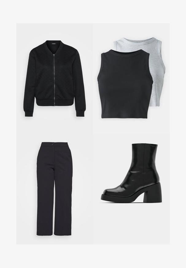 Black bomber jacket featuring a textured quilted pattern, zip closure, ribbed cuffs and hem, and a rounded neckline.; Even&Odd Petite 2 PACK - Top - light grey/black; Black wide-leg trousers made of smooth fabric, featuring a button closure and a clean, tailored design without visible pockets.; Black ankle boots with a glossy finish, square toe, and a thick block heel. The design features a seamless silhouette and minimal branding.