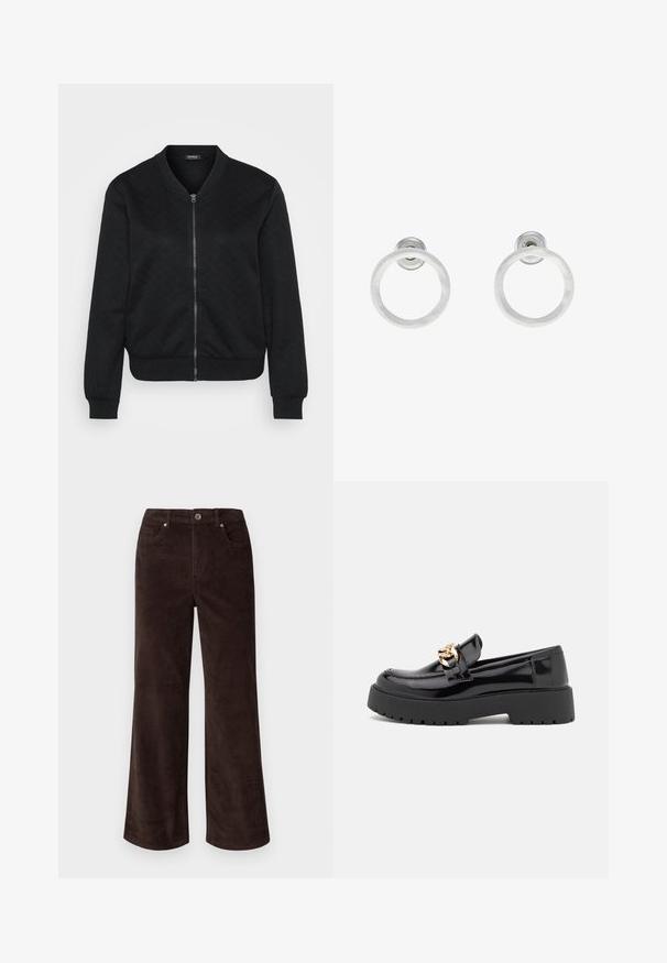 Črna bomberska jakna z teksturiranim kviltanim vzorcem, zadrgo, rebrastimi manšetami in spodnjim robom ter okroglim ovratnikom.; Even&Odd Petite 2 PACK - Top - light grey/black; Vero Moda Petite VMTESSA PANTS - Hlače - chocolate torte; Črni lakirani usnjeni loafers s debelim črnim podplatom in zlato kovinsko opremo. Gladka tekstura in zasnova zaokroženega nosu.; Srebrni kovinski obročasti uhani z brušenjem, s krožno obliko in prozornim zatičem za varno nošenje.