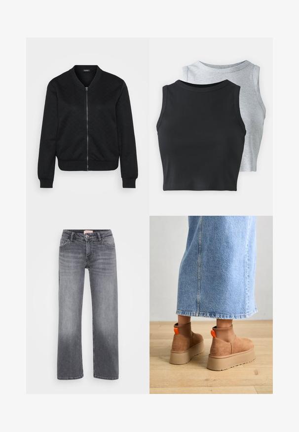 Melnā bomber jaka ar teksturētu kvadrātu rakstu, rāvējslēdzēju, ribotām piedurknēm un apakšmalu, kā arī apaļu kakla izgriezumu.; Even&Odd Petite 2 PACK - Tops - light grey/black; Pelēki džinsi ar taisnu kāju dizainu, piecu kabatu stils, viegla izbalēšana un pogas aizdare viduklī.; Brūni zamšādas platforma zābaki ar elastīgiem sānu paneļiem un oranžām cilpām, apvienoti ar līdz ceļgaliem garu gaišā denima svārku uz koka grīdas.