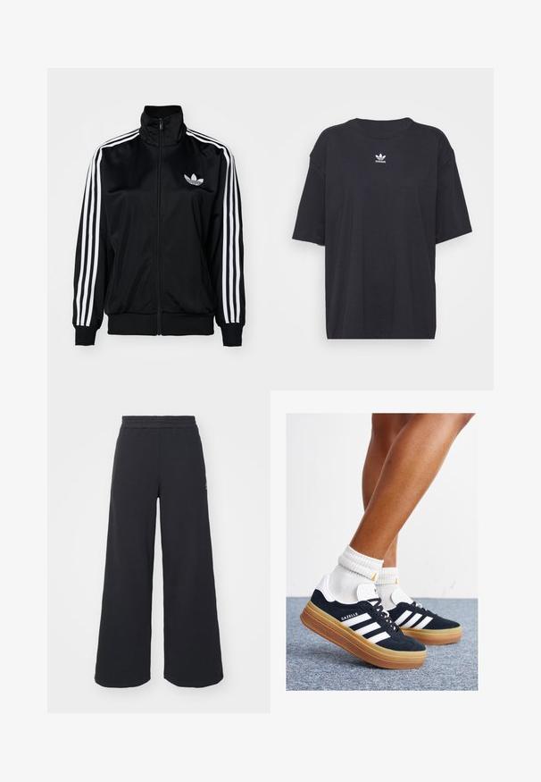 Svart zip-up jakke med høy krage, med hvite tre-striper på ermene og brodert logo på brystet. Glatt, sporty stoff.; Svart bomull T-skjorte med korte ermer, rund halslinje, med en hvit Adidas-logo på brystet. Enkel design, avslappet passform.; Svart bukse med vid benvidde laget av myk stoff, med elastisk midjebånd og en liten logo på venstre side.; Svarte sneakers i semsket skinn med hvite striper og detaljer, rund tå, yttersåle i gummigummi, kombinert med hvite ribbestrikkede crew-sokker.