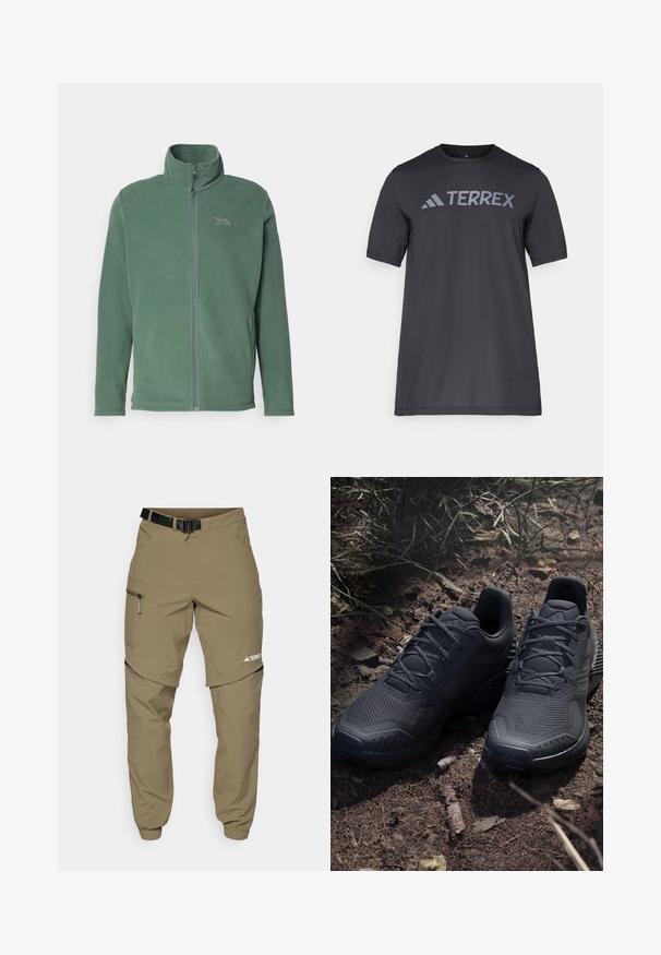 Jack Wolfskin TAUNUS - Giacca in pile - hedge green; T-shirt nero a maniche corte realizzato in tessuto leggero, con il logo "TERREX" grigio chiaro sul petto e colletto tondo.; Pantaloni da esterno khaki con cintura nera regolabile, tasche con zip, polsini affusolati e gambe inferiori staccabili per uno stile versatile.; Scarpe da ginnastica nere con una tomaia in maglia texturizzata, punta rinforzata e suola ammortizzata, esposte su un terreno terroso con ramoscelli sparsi.