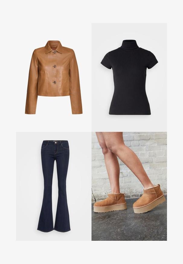 Rich & Royal Kožnata jakna - caffee latte; Crna majica kratkih rukava s rolkom, izrađena od rebraste tkanine, s uskim krojem i visokim ovratnikom. Jednostavan i teksturiran uzorak.; Tamni traperici s flared nogavicama i uskim strukom, s prednjim zatvaranjem na dugme, pet džepova i šavovima duž nogu.; Smeđi antilop čizmi do gležnja s mekanim postavljanjem, debljim bež platformski potplat i stražnjim povlačnim trakama. Teksturirana površina s vidljivim šavovima.