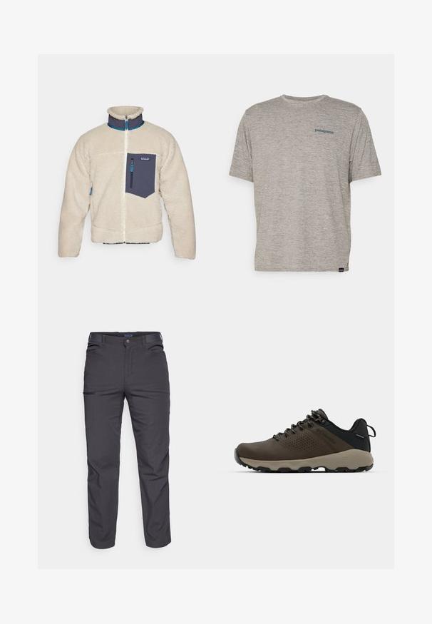 Kurtka polarowa w kolorze kremowym z granatową kieszenią na zamek, wysokim kołnierzem oraz kontrastowymi niebieskimi akcentami na zamku i mankietach. Miękka faktura.; Szara koszulka z krótkim rękawem, uszyta z miękkiego, teksturowanego materiału, z małym niebieskim logo Patagonia na lewej piersi. Bez dodatkowych wzorów.; Ciemnoszare spodnie wykonane z trwałej tkaniny, z zamkniętą kieszenią, prostym krojem i szlufkami na pasek, umożliwiającymi regulację dopasowania.; Brązowe wodoodporne trampki z teksturowaną cholewką, perforowanymi akcentami, czarnym wsparciem pięty i szarym gumowym podeszwy. Sznurówki ozdobione metalowymi końcówkami.