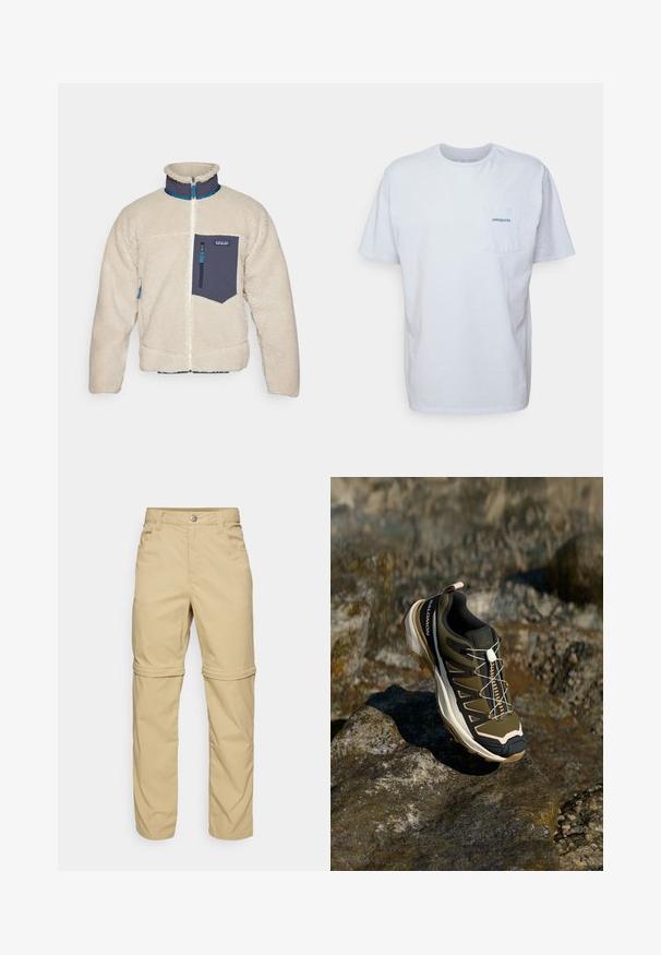 Flis jakna v krema barvi z modrim žepom na zadrgo, visokim ovratnikom in kontrastnimi modrimi poudarki na zadrgi in manšetah. Mehka tekstura.; Bela bomba majica iz bombaža s kratkimi rokavi, okroglo ovratnikom in žepom na levi strani prsi, ki ima modri logo "Patagonia". Klasičen kroj z gladko teksturo.; Bež hlače z možnostjo odpnevanja z gladko teksturo, ki imajo dve stranski žep in zaponko na gumb, ter lahko zavihane manšete za večjo vsestranskost.; Pohodni čevlji v olivno zeleni in črni barvi s poudarki v roza. Imajo teksturirano zgornji del, fleksibilno podplat, ojačan zaščitni del za prste in barvit sistem vezalk.