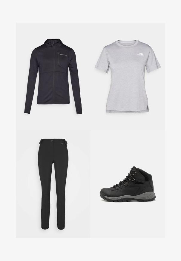 Svart zip-jacka med ett texturerat mönster, hög krage och bröstficka, med långa ärmar och en figursydd silhuett.; Grå kortärmad t-shirt i mjukt, fuktavledande tyg. Har en rund halsringning och en liten vit logotyp på övre vänstra sidan.; Svarta, åtsittande byxor tillverkade av ett flexibelt material. Funktioner inkluderar en ficka med dragkedja på sidan, artikulerade knän och en jämn yta.; Svart vandringskänga med mellanhög design, som har en texturerad överdel, grå accenter och en slitstark gummisula med greppklackar.