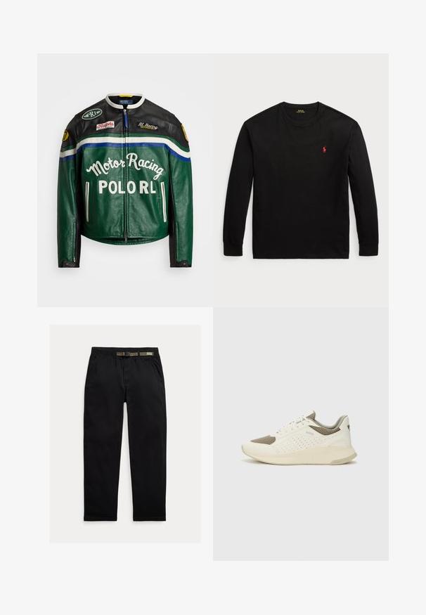 Polo Ralph Lauren MOTO JACKET - Leather jacket - tennis green; Black long-sleeve t-shirt made of cotton. Features a crew neck, ribbed cuffs, and a small red embroidered logo on the chest. Smooth texture.; Black pants made of lightweight fabric, featuring an elastic waistband with an integrated green belt, straight-leg cut, and side pockets.; White and light beige athletic sneaker, featuring a mesh upper, perforated detailing, and a textured midsole with branding on the heel.