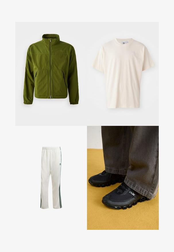 Olíva zöld North Face dzseki, teljes hosszúságú cipzárral, magas gallérral, elasztikus mandzsettákkal és két elülső cipzáras zsebbel.; Krém színű pamut póló kerek nyakkal és rövid ujjakkal; a mellrészen egy kis, világos színű logó található.; Fehér sportnadrág zöld oldalsávokkal, rugalmas derékrésszel és logóval a bal felső oldalon. Könnyű anyagból készült.; Fekete sportcipők hálós felsőrésszel, ívelt talppal és jellegzetes, lekerekített díszítésekkel. Sötét, laza nadrággal párosítva.