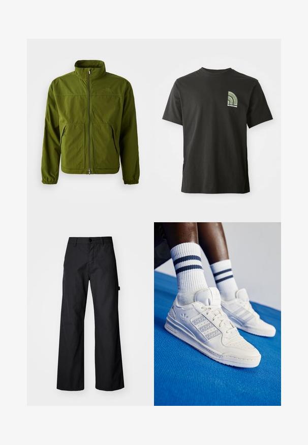 Olivroheline North Face'i jakk, millel on täispikk riiv, kõrge krae, elastsed mansetid ja kaks esist zip-lock taskut.; Must-beelise mustriga lühikeste varrukatega t-särk, millel on vasakul rinnal väike roheline ja valge neljandikringi logo ning "The North Face" tekst.; Mustad, laiad püksid, mis on valmistatud vastupidavast kangast. Omavad nupuga sulgemist ja küljetaskuid. Sile tekstuur ja puhas disain.; Valge nahast jooksujalatsid, millel on perforatsioonidega detailid, kolm metallilist triipu ja tekstureeritud külgpaneel. Kanna valgeid sokke, millel on sinised triibud.