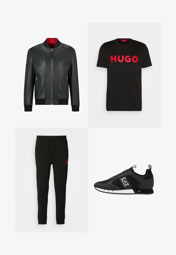 HUGO Leather jacket - black one; Black cotton t-shirt featuring bold red "HUGO" text on the front, short sleeves, round neckline, and a relaxed fit.; Black sweatpants made of soft fabric, featuring a drawstring waist, slim fit, and a red logo patch on the left thigh.; EA7 Emporio Armani LACES UNISEX - Trainers - black/white
