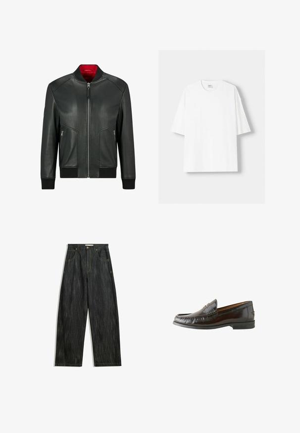 HUGO Lederjacke - black one; Weißes kurzärmliges T-Shirt aus Baumwolle mit Rundhalsausschnitt und lockerer Passform. Glatte Textur, ohne sichtbare Muster oder Akzente.; Dunkelblaue Jeans mit lockerer Passform, mit subtiler vertikaler Struktur, gelben Nähten, fünf Taschen und klassischem Knopfverschluss.; Braune Lederloafer mit glatter Oberfläche, gestickten Details, einem niedrigen Absatz und einer abgerundeten Spitze. Die Sohle ist aus schwarzem Gummi für besseren Halt.
