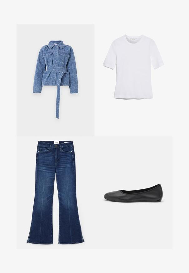 Mėlynas džinsinis švarkas su tekstūrinio finišo, sagčių užsegimas priekyje, dvi krūtinės kišenės, diržo talija ir klasikinio apykaklės dizainas.; Balta trumpa rankovėmis marškinėliai, pagaminti iš pasiruošusio audinio. Apvali iškirptė, reguliari tinkamumas ir subtilūs siuvimo detalės. Be raštų ar grafikos.; Tamsiai mėlynos flare tipo džinsai, pagaminti iš džinsinio audinio. Su aukštu liemeniu, priekinėmis kišenėmis ir skeltukais hem'e. Klasikinis penkių kišenėlių dizainas.; Juodai odiniai baletai su apvaliu pirštu, lygi texture, minimalus siuvimo detales ir lanksčiu padų dizainu.