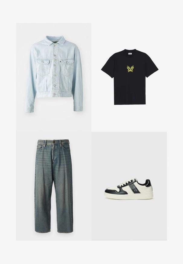 Világoskék farmerdzseki rövidített fazonnal, gombos elülső résszel, két mellzsebbel és sárga varrási részletekkel. Klasszikus nyakkal és hosszú ujjakkal rendelkezik.; Fekete pamut póló, kicsi, sárga lángmintázatú pillangó grafikával a mellkason. Kerek nyakkivágás, rövid ujjak.; Világoskék farmernadrág, laza fazonnal, közepes derékbőséggel és egyenes szárral. Öt zsebet, övbucskát és gombos záródást tartalmaz.; Fekete és krém színű bőrsneaker, perforált díszítésekkel, párnázott bokapánttal és texturált talppal.