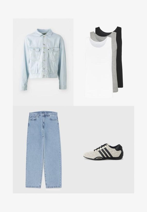 Light blue denim jacket with a cropped design, button front, two chest pockets, and yellow stitching detail. Features a classic collar and long sleeves.; Three tank tops in white, gray, and black. Each features a classic sleeveless design, made from lightweight cotton fabric with a ribbed texture.; Light blue denim jeans with straight leg design, featuring a mid-rise waist, five pockets, and a button and zipper closure.; Adidas sports shoe with a textured, light gray upper and black leather accents. Features black three-stripe logo and cushioned sole.
