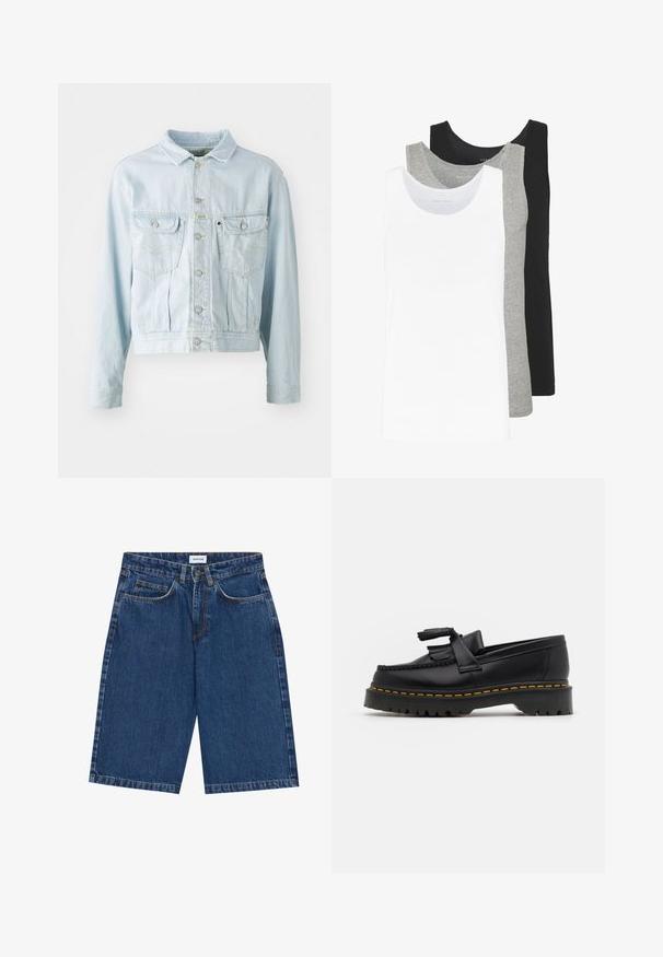 Hele sinine teksajakk lühikese disainiga, nööpide eesmine osa, kaks rinna taskut ja kollased õmblused. Oskab klassikalist kraed ja pikki varrukaid.; Kolme topit valgest, hallist ja mustast. Igaühel on klassikaline varrukateta disain, valmistatud kergest puuvillalisest kangast, millel on soonikstruktuur.; Tumed sinised teksashortsid, millel on viie tasku disain, sirge lõige ja nähtavad õmblused. Sile tekstuur ja keskmise kõrgusega talje.; Mustmust musta loafer, millel on frantsiisi aktsent, paks must tald ja kollane õmblus servas. Tekstuuriga viimistlus.