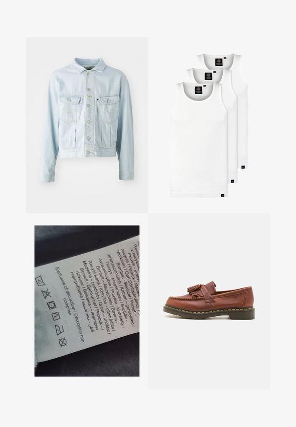 Hele sinine teksajakk lühikese disainiga, nööpide eesmine osa, kaks rinna taskut ja kollased õmblused. Oskab klassikalist kraed ja pikki varrukaid.; Kolm valget ribaga t-särki, mis on valmistatud puuvillast. Omavad ümmargust kaelanõhku ja väikseid musti silte hemme lähedal. Saadaval erinevates suurustes.; Sildi silt, millel on mitmekeelsed tekstid, hooldusmärgid ja ringlussevõtuikoonid, trükitud pehme kangalaadsele materjalile heledates toonides.; Pruunist nahast mokassiind, millel on pompooni aksessuaarid, tekstureeritud pind ja kontrastne kollane õmblus musta kummitald alusel. Küljepilt.
