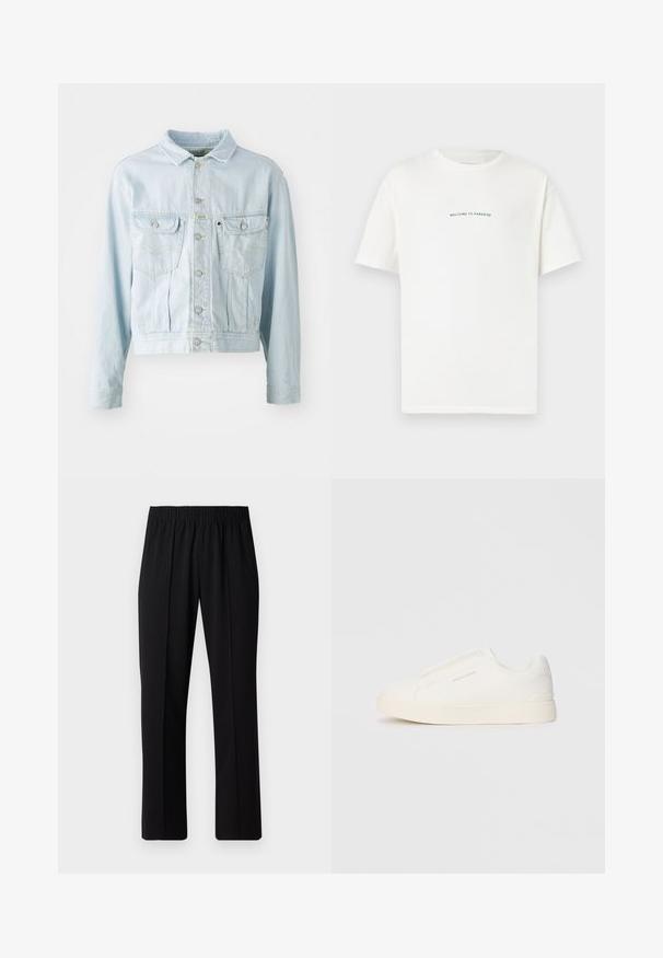 Šviesiai mėlynas džinsinis švarkas su trumpu dizainu, sagų priekyje, dviem krūtinės kišenėmis ir geltonos siūlės detalėmis. Aprūpintas klasikiniu antkrūtiniu ir ilgomis rankovėmis.; Balta medvilninė marškinėliai trumpomis rankovėmis ir apvaliu iškirpimu. Viduryje esantis tekstas sako "SVEIKI ATVYKĘ Į PARADISĄ" kreiptu žaliu šriftu.; Juodos, elastingos juosmens kelnės su tiesiomis kojomis, turinčios lygų paviršių ir be matomų raštų ar detalių.; Baltos slip-on sportbačiai su tekstūruota paviršiumi, storesniu padu ir minimalistišku dizainu. Šone matosi prekės ženklo logotipas.