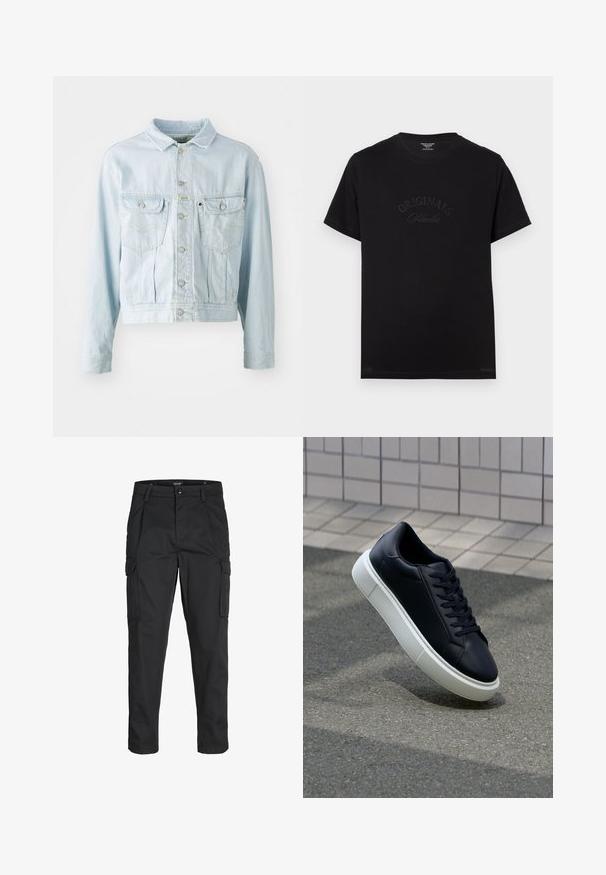 Gaiši zils džinsa jaciņa ar īsu dizainu, pogu priekšpusi, divām krūšu kabatām un dzelteno šuvju detaļām. Iekļauj klasisku apkakli un garas piedurknes.; Melnas kokvilnas T-krekls ar īsām piedurknēm un apaļu izgriezumu. Priekšpusē ir izceltas ar tonālām burtiem "ORIGINALS Studio".; Melnas kravas bikses, izgatavotas no izturīga auduma, ar vairākiem kabatām, pogu aizdari un šaura piegriezuma dizainu ar sašaurinātiem kāju apakšiem.; Melnas ādas kedas ar noapaļotu pirkstu un baltu gumijas zoli. Iespējas - plakanas šņorītes un minimāla apdare augšdaļā. Struktūrēta zole, lai nodrošinātu saķeri.