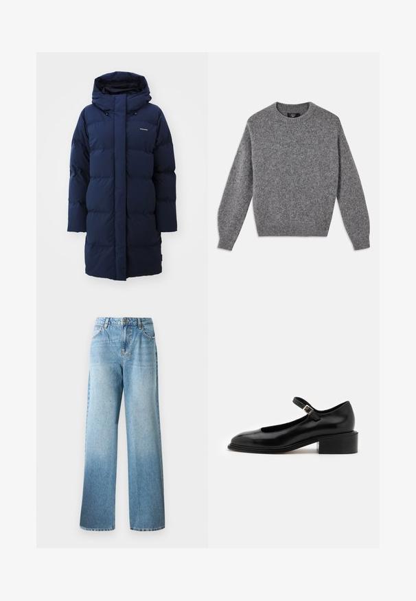 Tumesinine puhvritagi kapuutsiga, sirge lõike, tikandiga disaini ja rinnal logo detailiga. Pehme, soojustatud materjal.; Hallide villane sviiter, ümmarguse kaelusega, pikad varrukad ja soonikud käsivarte otsas. Textuur on pehme ja karvane, omades ühtlast mustrit.; Heledad helesinine denimipüksid, millel on lõtv istuvus, sirged sääred ja peened kaunistused. Sisaldab traditsioonilist viie tasku disaini ja vöölõike.; Souliers Martinez PENELOPE - Kõrge kontsaga kingad - black