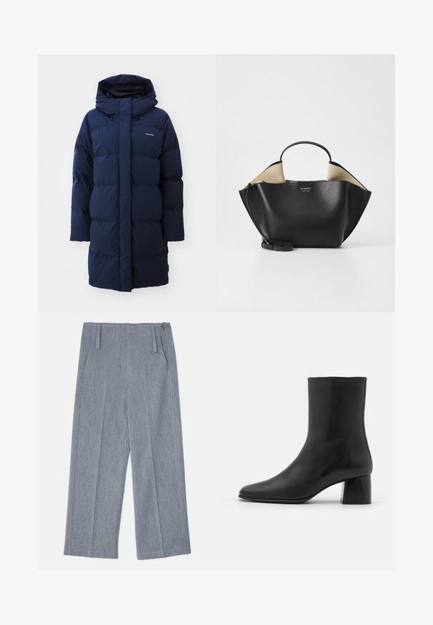Marineblå pufferjakke med hætte, der har en lige pasform, quiltet design og logo detaljer på brystet. Blødt, isoleret materiale.; Sort langærmet bluse lavet af blødt stof, med rund halsudskæring og en afslappet pasform med sideslids i kanten for nem bevægelse.; Lys grå, vidde bukser lavet af struktureret stof, med to frontfolder og to sidelommer. Ren, skræddersyet design.; Sorte læder ankelstøvler med spids tå og en kraftig firkantet hæl. Glat overflade med et sømløst design og minimalistisk syning.; Ree Projects ANN TOTE MINI - Håndtasker - black
