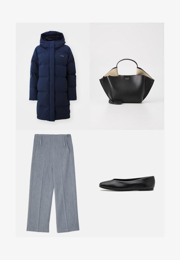 Tamna plava puffer jakna s kapuljačom, s ravnim krojem, kvadratnim dizajnom i logotipom na prsima. Mekani, izolirani materijal.; Crni dugi rukav turtleneck majica izrađena od glatkog materijala, s volanima oko vrata i uskim siluetom s jednostavnim rubovima.; Svijetlosive hlače širom nogavicom od teksturiranog materijala, s dva prednja nabora i dva bočna dzepa. Čist, krojeni dizajn.; Paul Smith TOPANGA - Balerinke - black; Ree Projects ANN TOTE MINI - Ručna torba - black