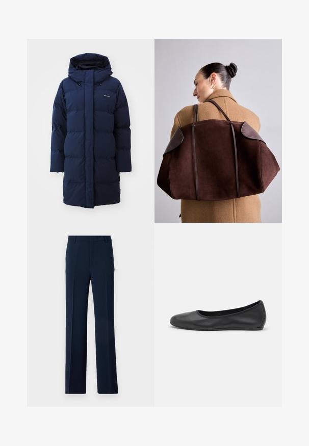 Tumši zils pūkainais mētelis ar kapuci, taisna griezuma, ar quiltētu dizainu un logotipa detaļu uz krūšu. Mīksts, izolējošs materiāls.; Melnas garām piedurknēm turtleneck blūze, izgatavota no gludas auduma, ar krokotu apkakli un pieguļošu siluetu, kas ir ar vienkāršām malām.; Tumši zilas bikses, izgatavotas no gludas auduma, ar taisnu kāju dizainu, priekšējiem krokiem un sānu kabatām, nodrošinot stilīgu izskatu.; Melna ādas baleta kurpe ar noapaļotu purngalu, gludu tekstūru, minimālu šuvju detalizāciju un elastīgu zoles dizainu.; Browns zamšādas rokassoma ar tumšām ādas detaļām, kas izceļas ar strukturētu formu un divām siksnām, turēta pār pleca pret krēmbaltiem mēteļiem.