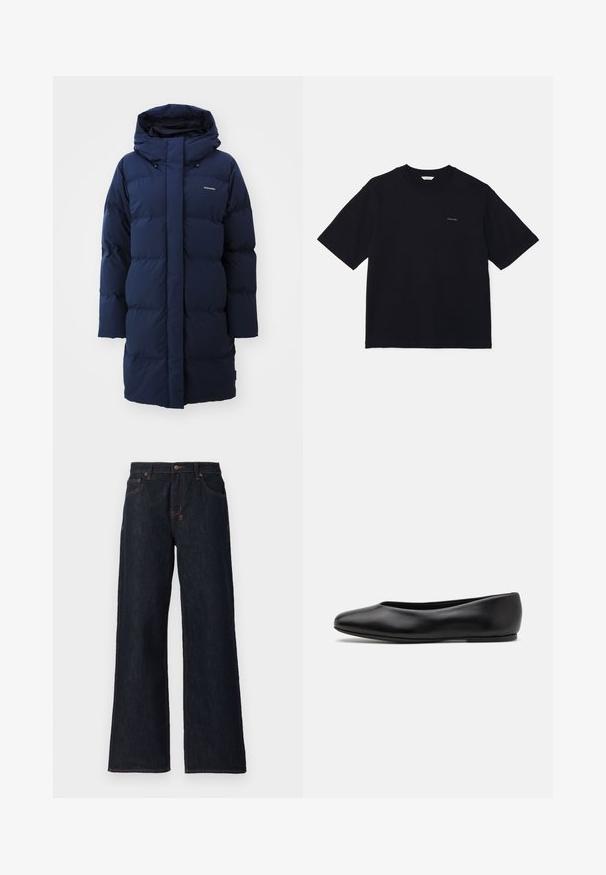 Mörkblå puffjacka med huva, med rak skärning, vadderad design och logodetalj på bröstet. Mjukt, isolerat material.; Svart kortärmad t-shirt i bomull, med rund halsringning och en liten logotyp på vänster bröst. Slät textur och avslappnad passform.; Mörkblåa vida jeans i denim, med orangea sömmar, två framfickor och knäppning i midjan.; Paul Smith TOPANGA - Ballerinaskor - black