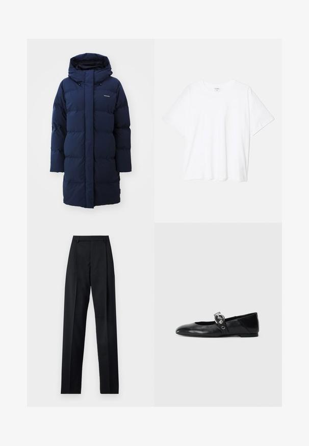 Marineblå pufferjakke med hætte, der har en lige pasform, quiltet design og logo detaljer på brystet. Blødt, isoleret materiale.; Hvid bomulds-t-shirt med korte ærmer, rund halsudskæring, afslappet pasform og stitched søm. Mærket er synligt indeni halsen.; Sorte bukser lavet af glat stof, der har høj talje, brede ben, frontfolder og klassiske bælteløkker. Ingen synlige sidelommer.; Sorte læder balletflade med spids tå, udstyret med en rem med en cirkulær metallisk spænde og en flad sål.
