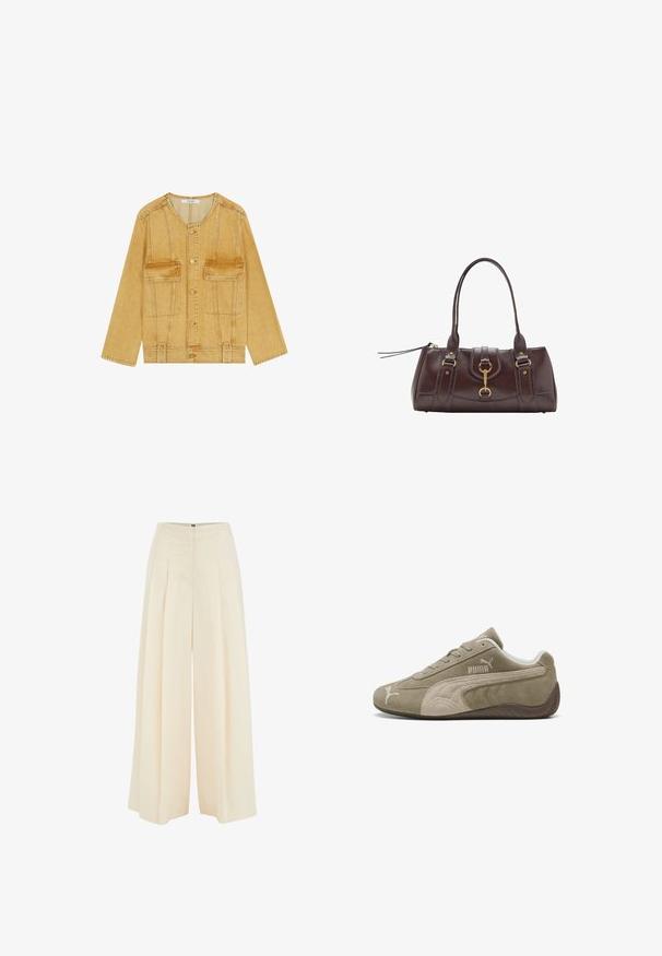 Yellow denim jacket with a round neckline, button closure, two chest pockets, and contrasting stitching details. Long sleeves and relaxed fit.; White tank top, ribbed texture, round neckline, sleeveless design, fitted shape, subtle branding on the label inside the collar area.; Wide-leg trousers in light beige fabric, featuring pleated front design, high waist, and smooth texture. No visible hardware or patterns.; Suede sneakers in light brown with darker accents, featuring a low-profile design, lace-up closure, and branded logo on the side.; Dark brown leather handbag with two top handles, gold hardware accents, a front clasp detail, and stitched textures on the sides.