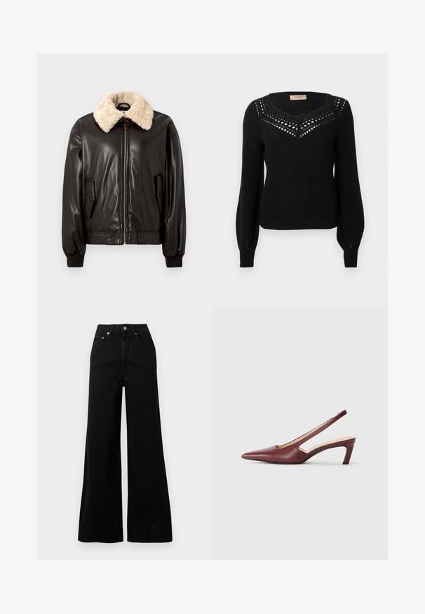 Melnas ādas bomberjaka ar krēmkrāsas vilnas apkakli, rāvējslēdzēja aizdari, sānu kabatām un ribām aprocēm. Gluda tekstūra un klasiskā dizains.; Melns džemperis ar rievotu faktūru, viļņotu izgriezumu un caurspīdīgu detaļu krūtīs. Garas piedurknes un pieguļošs viduklis.; Melnas platas tiesas džinsi no džinsa auduma ar augstu jostasvietu, piecām kabatām, priekšpusē ar pogu aizdari un minimālu šuvju detaļām.; Burgundijas krāsas slingback papēži ar norādītu purngalu, sānu izgriezumiem un vidēja auguma bloku papēdi. Gluda ādas apdare.